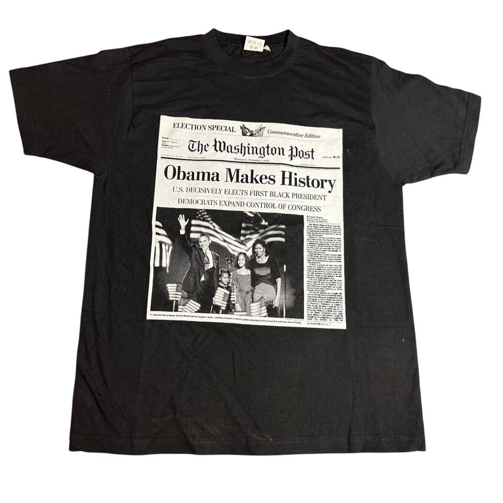 VTG Washington Post‎ Obama Makes History Commemorative T Shirt XL Black Cotton